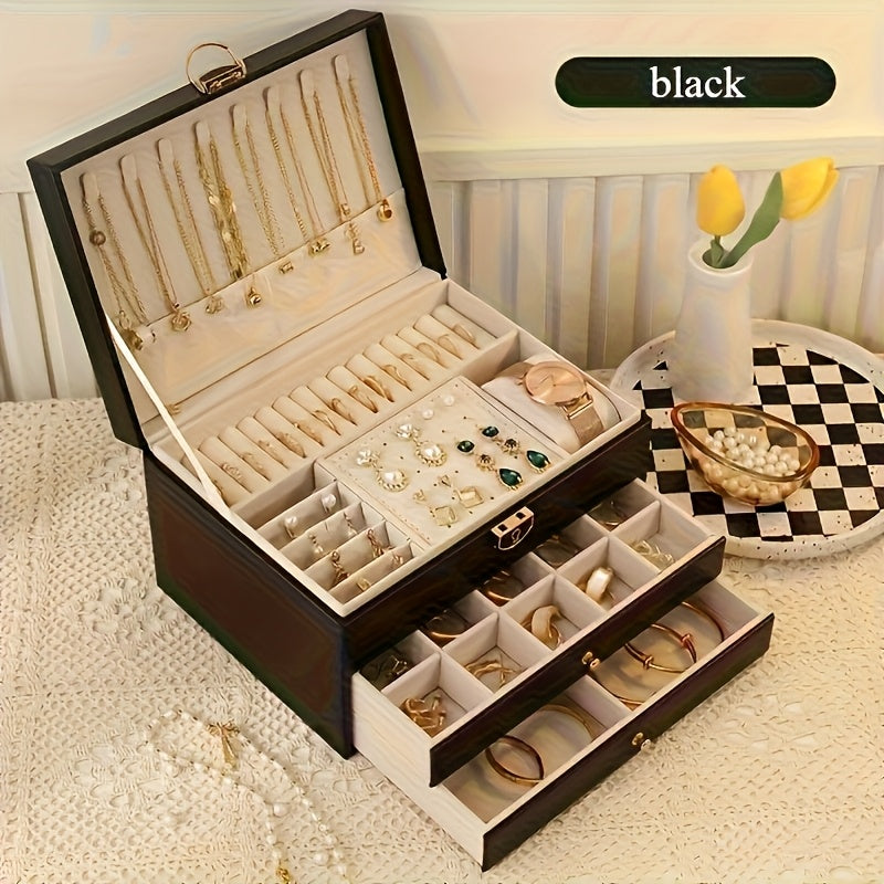 Lockable Jewelry Organizer Box with Drawers - Multi-Layer Anti-Tangle Storage for Necklaces, Earrings, Bracelets | Classic Synthetic Faux Leather Design with Fabric Lining | Perfect for Home Vanity Display & Holiday Gifts (Halloween/Thanksgiving), Jewelry
