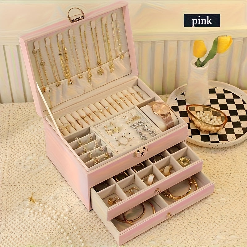 Lockable Jewelry Organizer Box with Drawers - Multi-Layer Anti-Tangle Storage for Necklaces, Earrings, Bracelets | Classic Synthetic Faux Leather Design with Fabric Lining | Perfect for Home Vanity Display & Holiday Gifts (Halloween/Thanksgiving), Jewelry