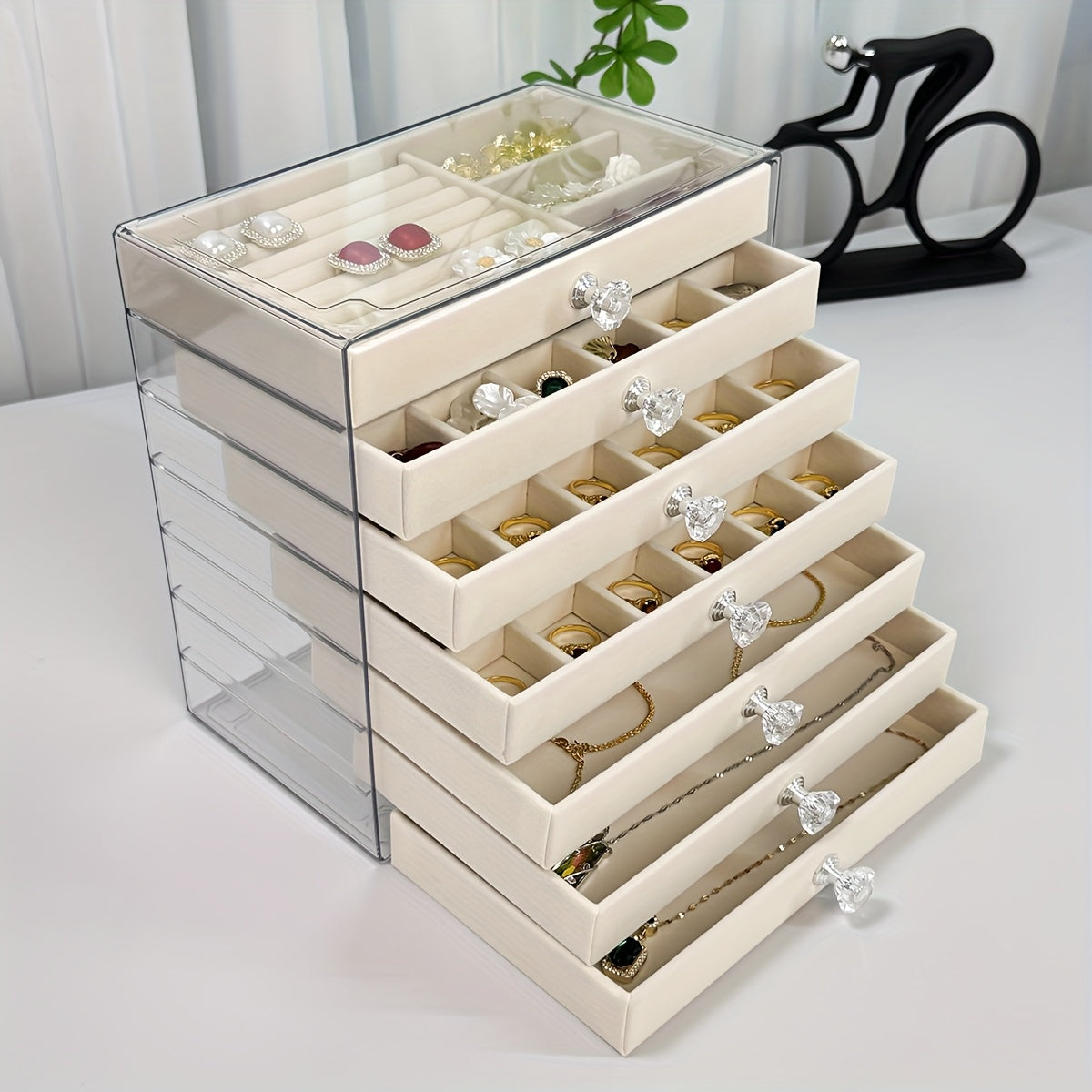 7-Layer Transparent Plastic Jewelry Organizer Box with Fabric-Lined Compartments, Secure Latch Closure & Contemporary Octagonal Design - Multi-Use Desktop Storage for Earrings, Rings, Necklaces, Jewelry Organizer Storage, Durable Polished Finish, Jewelry