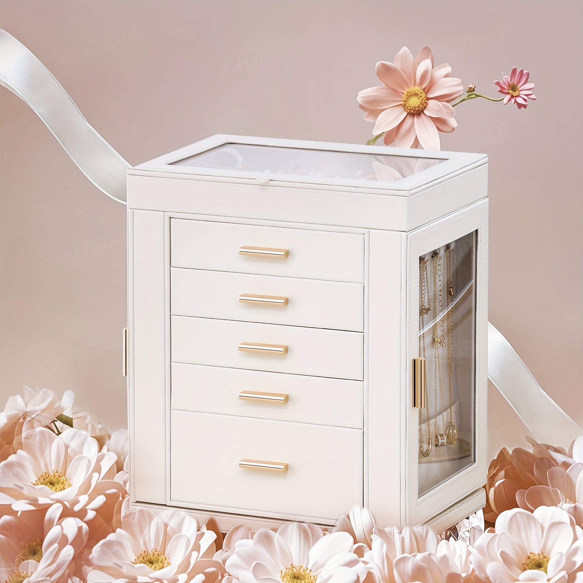 [1pc CASEGRACE Jewelry Box] CASEGRACE 1pc 360° Rotating Jewelry Organizer Box | 5-Drawer Large Capacity Faux Leather Storage with Transparent Double Doors, Modern Elegant Design for Necklaces, Rings, Earrings, Watches | Perfect Gift for Women (Valentine's