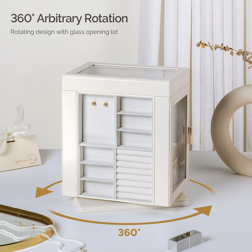 [1pc CASEGRACE Jewelry Box] CASEGRACE 1pc 360° Rotating Jewelry Organizer Box | 5-Drawer Large Capacity Faux Leather Storage with Transparent Double Doors, Modern Elegant Design for Necklaces, Rings, Earrings, Watches | Perfect Gift for Women (Valentine's