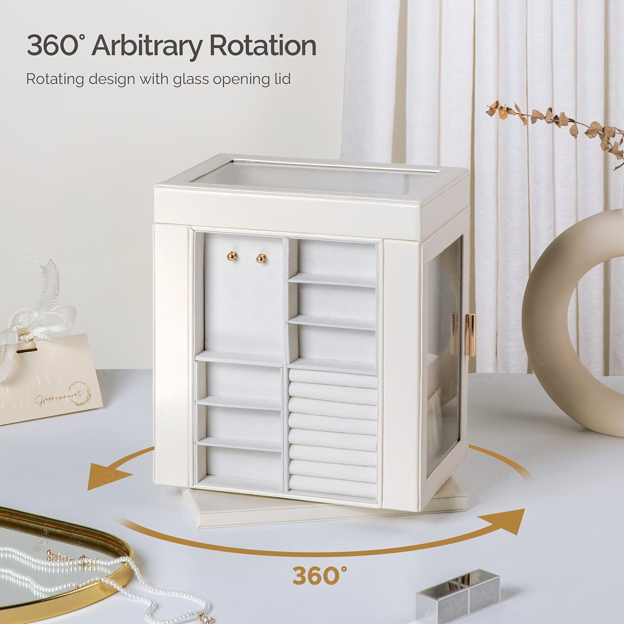 [1pc CASEGRACE Jewelry Box] CASEGRACE 1pc 360° Rotating Jewelry Organizer Box | 5-Drawer Large Capacity Faux Leather Storage with Transparent Double Doors, Modern Elegant Design for Necklaces, Rings, Earrings, Watches | Perfect Gift for Women (Valentine's