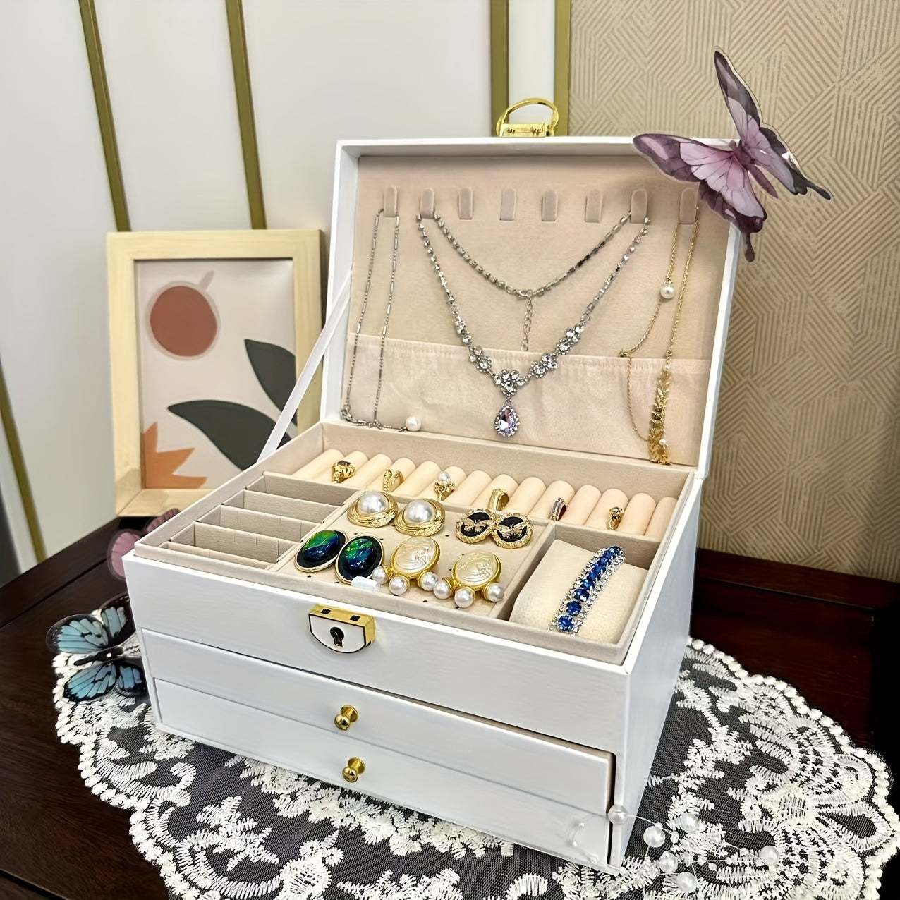 Lockable Jewelry Organizer Box with Drawers - Multi-Layer Anti-Tangle Storage for Necklaces, Earrings, Bracelets | Classic Synthetic Faux Leather Design with Fabric Lining | Perfect for Home Vanity Display & Holiday Gifts (Halloween/Thanksgiving), Jewelry