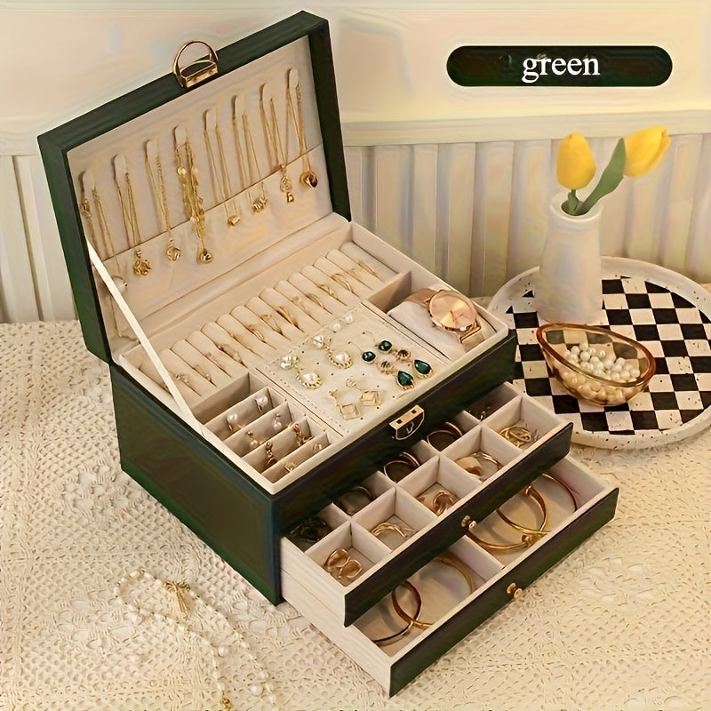 Lockable Jewelry Organizer Box with Drawers - Multi-Layer Anti-Tangle Storage for Necklaces, Earrings, Bracelets | Classic Synthetic Faux Leather Design with Fabric Lining | Perfect for Home Vanity Display & Holiday Gifts (Halloween/Thanksgiving), Jewelry