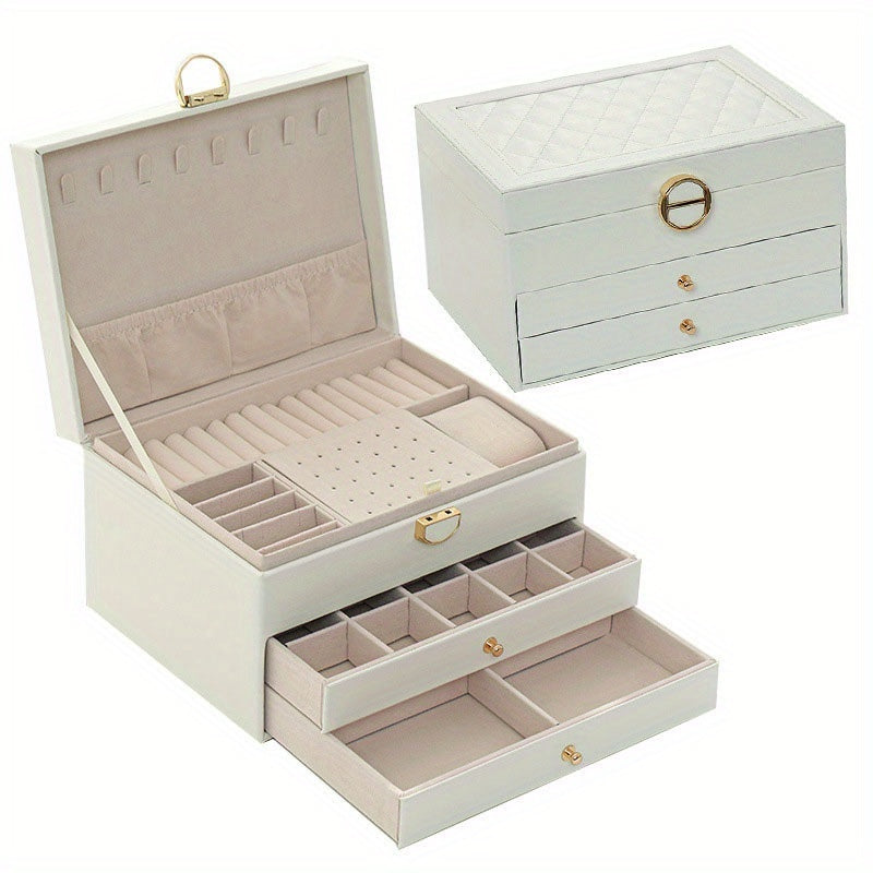 Vintage Golden-Tone Faux Leather Jewelry Organizer Box with 3 Drawers – Elegant Necklace, Bracelet, and Ring Storage Case for Women, Jewelry Box, Jewelry Boxes