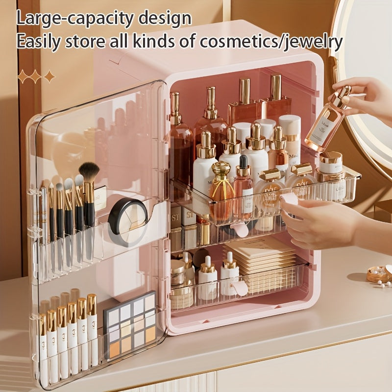 Contemporary Multi-Purpose Desktop Storage Cabinet with Built-In Drawers & Categorized Compartments - Large Capacity Organizer for Jewelry, Cosmetics, Makeup Brushes, Lipsticks, Bottles - Durable Plastic with Magnetic Closure - Perfect Gift for