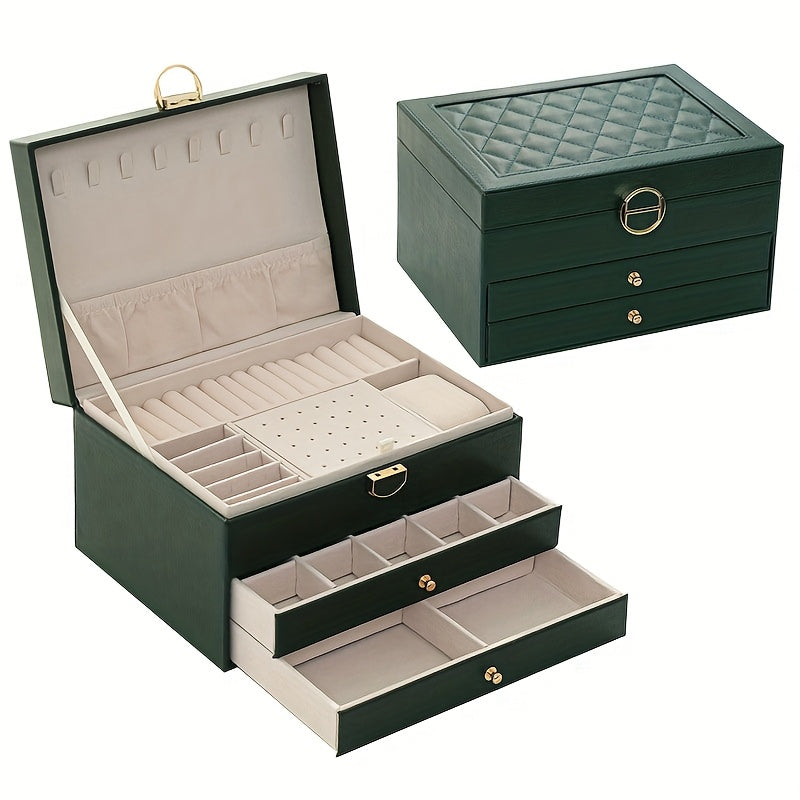 Vintage Golden-Tone Faux Leather Jewelry Organizer Box with 3 Drawers – Elegant Necklace, Bracelet, and Ring Storage Case for Women, Jewelry Box, Jewelry Boxes