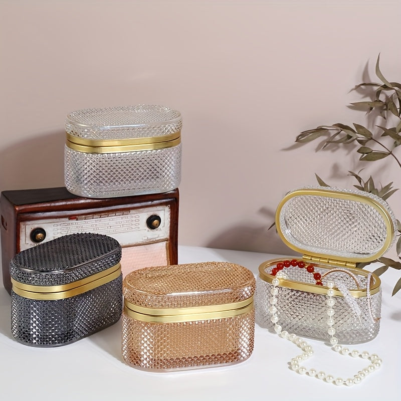 [Romantic Glass Box] Golden Accent Modern Clear Glass Storage Box | Dustproof Oval Desktop Organizer for Jewelry, Makeup Pads, and Accessories - Polished Finish, Multi-Purpose, Romantic Style, Metal Interior, No Power Needed, Makeup Storage, Contemporary