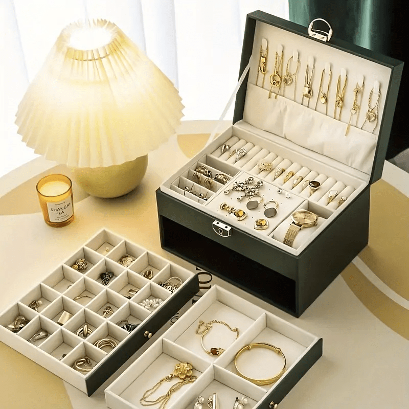 Vintage Style Multi-Layer Faux Leather Jewelry Box with Drawers, Soft Lined to Organize Necklaces, Earrings, Rings & Accessories, Large Capacity, Suitable for French-Style Bedroom and Minimalist Living Room, Desktop Storage Function, Wedding Gift Variety