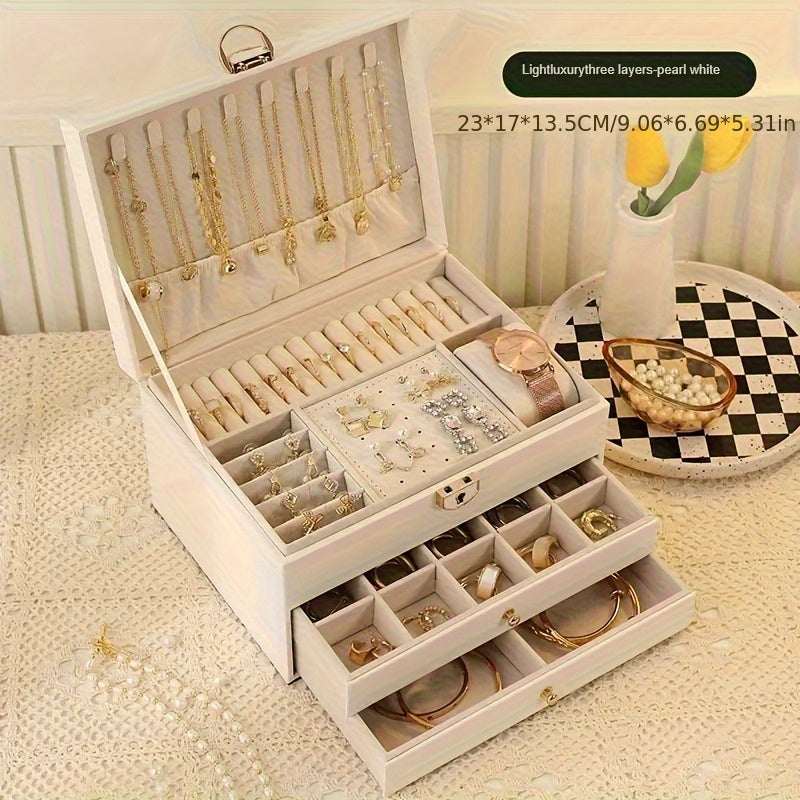 Vintage Golden-Tone Faux Leather Jewelry Organizer Box with 3 Drawers – Elegant Necklace, Bracelet, and Ring Storage Case for Women, Jewelry Box, Jewelry Boxes