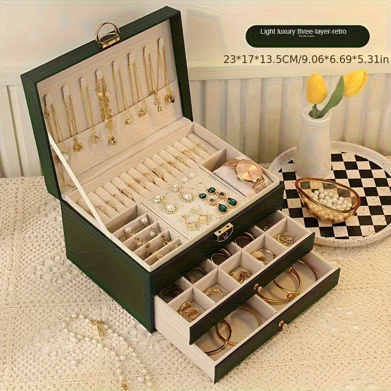 Vintage Golden-Tone Faux Leather Jewelry Organizer Box with 3 Drawers – Elegant Necklace, Bracelet, and Ring Storage Case for Women, Jewelry Box, Jewelry Boxes