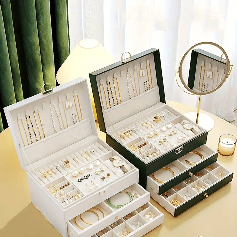 Vintage Style Multi-Layer Faux Leather Jewelry Box with Drawers, Soft Lined to Organize Necklaces, Earrings, Rings & Accessories, Large Capacity, Suitable for French-Style Bedroom and Minimalist Living Room, Desktop Storage Function, Wedding Gift Variety