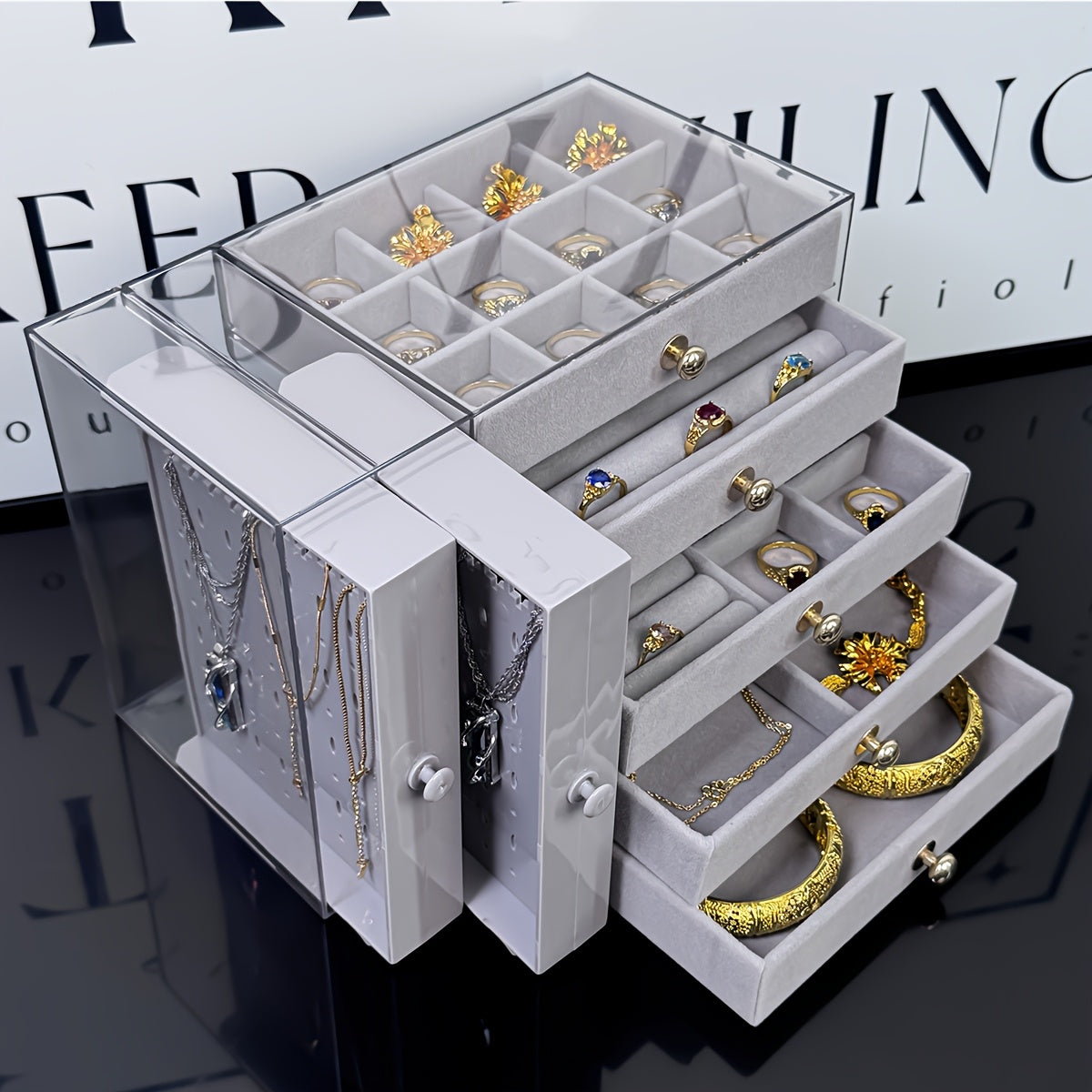 Large Jewelry Organizer Box with Clear Lid - Elegant Jewelry Storage Case, Multiple Compartments for Necklaces, Bracelets, Rings, Earrings - Birthday, Mother's Day, Valentine's Gift for Women - Desktop Organizer with Secure Closure, Jewelry Box Organizer,