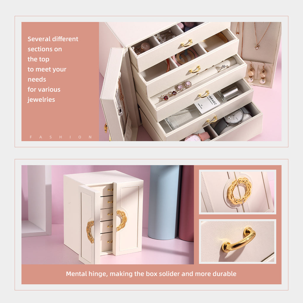 1 Large Faux Leather Jewelry Organizer Box with 5 Drawers & Golden-Tone Handles - Elegant Rectangular Storage for Rings, Necklaces, Bracelets, Earrings, Watches - Soft Fabric-Lined Interior, Side Door Access, Textured Finish - Luxury Home Décor, Watch