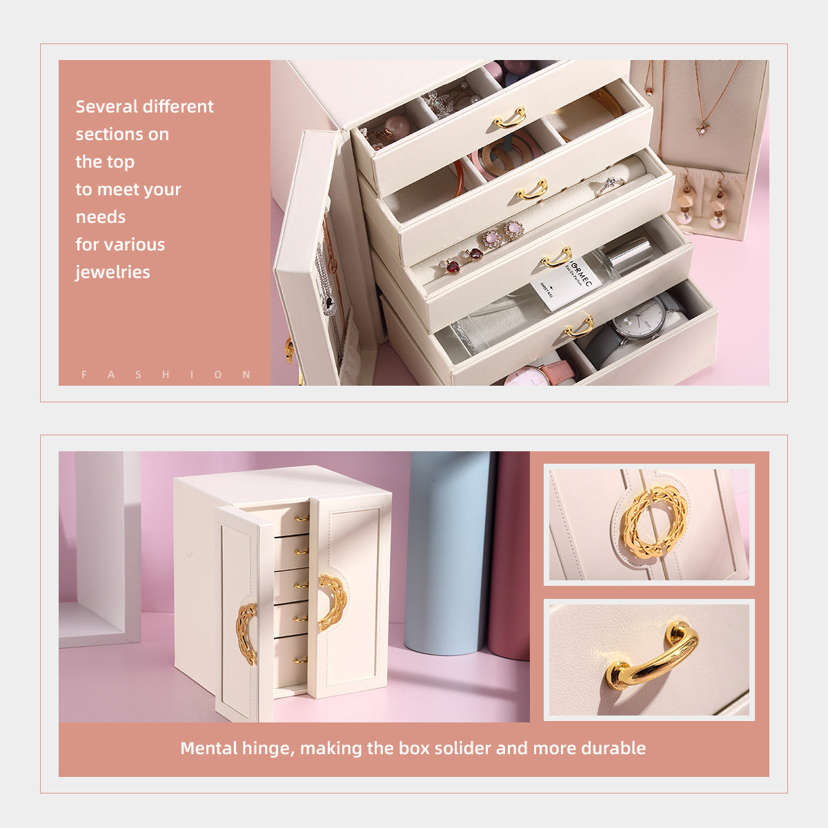 1 Large Faux Leather Jewelry Organizer Box with 5 Drawers & Golden-Tone Handles - Elegant Rectangular Storage for Rings, Necklaces, Bracelets, Earrings, Watches - Soft Fabric-Lined Interior, Side Door Access, Textured Finish - Luxury Home Décor, Watch