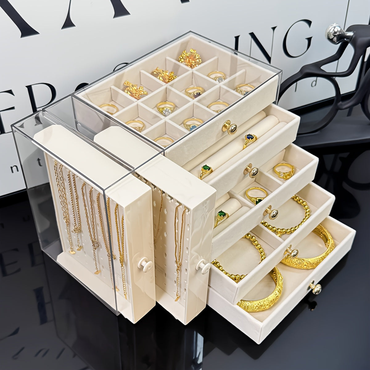 Large Jewelry Organizer Box with Clear Lid - Elegant Jewelry Storage Case, Multiple Compartments for Necklaces, Bracelets, Rings, Earrings - Birthday, Mother's Day, Valentine's Gift for Women - Desktop Organizer with Secure Closure, Jewelry Box Organizer,