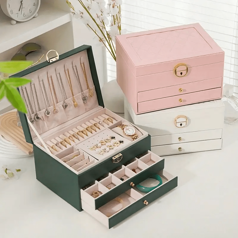 Vintage Style Multi-Layer Faux Leather Jewelry Box with Drawers, Soft Lined to Organize Necklaces, Earrings, Rings & Accessories, Large Capacity, Suitable for French-Style Bedroom and Minimalist Living Room, Desktop Storage Function, Wedding Gift Variety