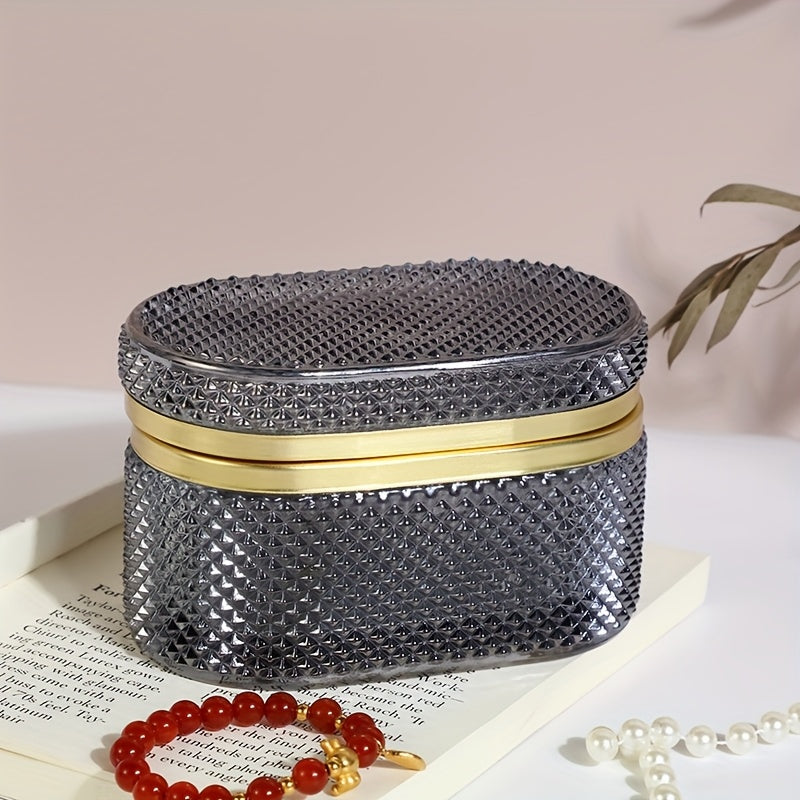 [Romantic Glass Box] Golden Accent Modern Clear Glass Storage Box | Dustproof Oval Desktop Organizer for Jewelry, Makeup Pads, and Accessories - Polished Finish, Multi-Purpose, Romantic Style, Metal Interior, No Power Needed, Makeup Storage, Contemporary