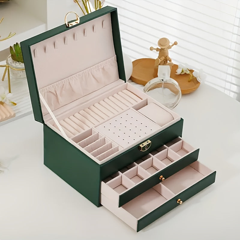 3-Tier Jewelry Box Organizer with Key Lock - Elegant Green & White, Soft-Lined Compartments, Secure Locking Lid - for Earrings, Rings, Necklaces, Bracelets - Perfect Gift for Women, Home or Salon Decor - Durable Synthetic Faux Leather Construction, Large