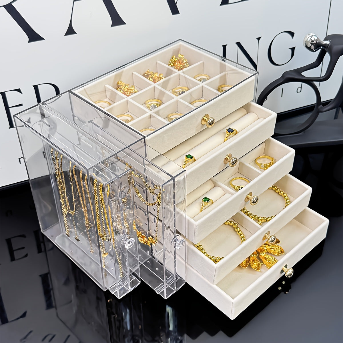 Large Jewelry Organizer Box with Clear Lid - Elegant Jewelry Storage Case, Multiple Compartments for Necklaces, Bracelets, Rings, Earrings - Birthday, Mother's Day, Valentine's Gift for Women - Desktop Organizer with Secure Closure, Jewelry Box Organizer,