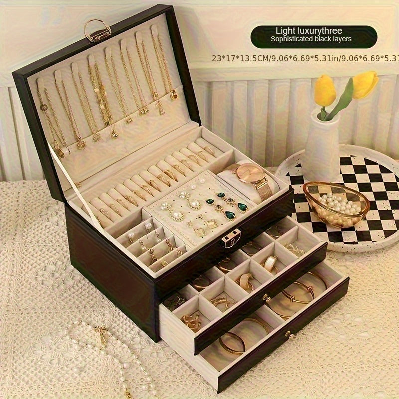 Vintage Golden-Tone Faux Leather Jewelry Organizer Box with 3 Drawers – Elegant Necklace, Bracelet, and Ring Storage Case for Women, Jewelry Box, Jewelry Boxes