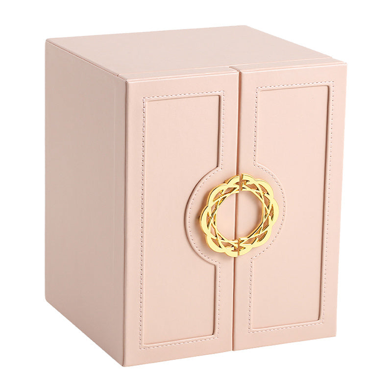 1 Large Faux Leather Jewelry Organizer Box with 5 Drawers & Golden-Tone Handles - Elegant Rectangular Storage for Rings, Necklaces, Bracelets, Earrings, Watches - Soft Fabric-Lined Interior, Side Door Access, Textured Finish - Luxury Home Décor, Watch