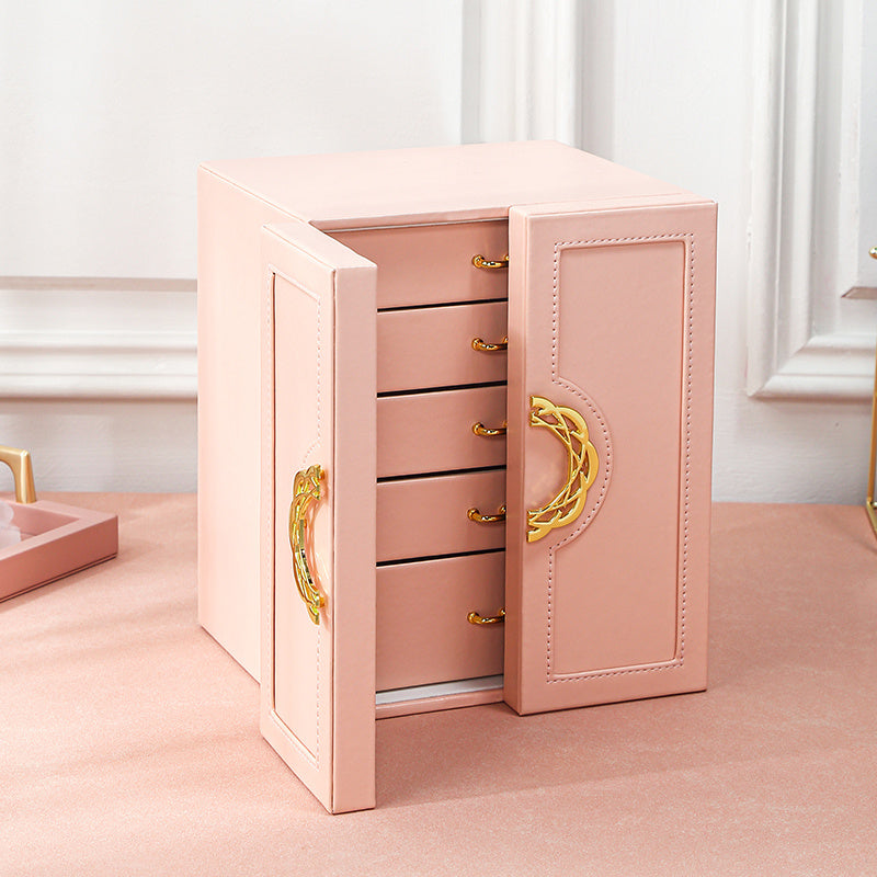 1 Large Faux Leather Jewelry Organizer Box with 5 Drawers & Golden-Tone Handles - Elegant Rectangular Storage for Rings, Necklaces, Bracelets, Earrings, Watches - Soft Fabric-Lined Interior, Side Door Access, Textured Finish - Luxury Home Décor, Watch