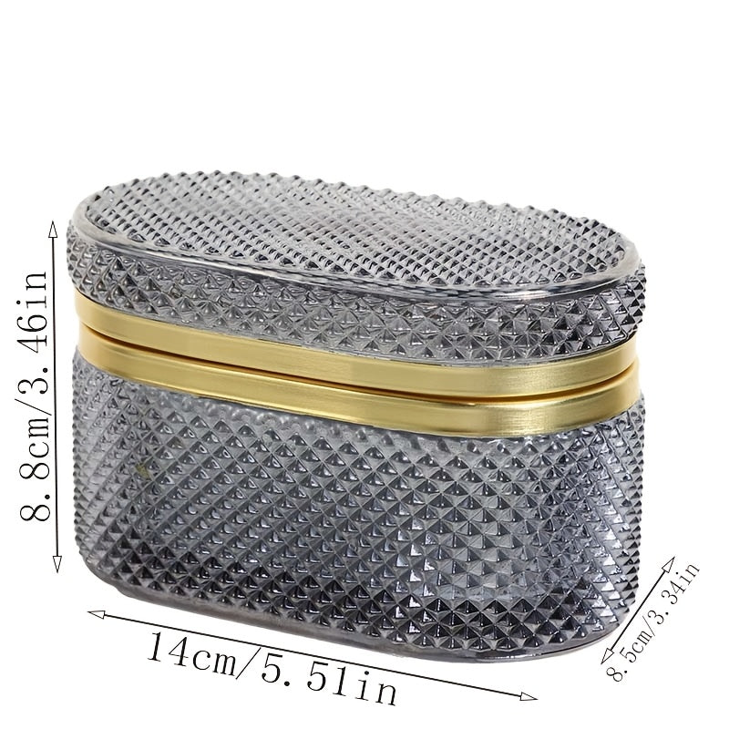[Romantic Glass Box] Golden Accent Modern Clear Glass Storage Box | Dustproof Oval Desktop Organizer for Jewelry, Makeup Pads, and Accessories - Polished Finish, Multi-Purpose, Romantic Style, Metal Interior, No Power Needed, Makeup Storage, Contemporary