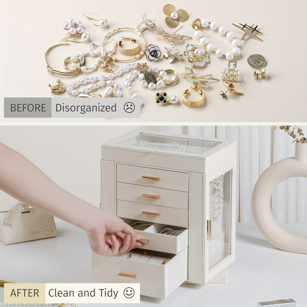 [1pc CASEGRACE Jewelry Box] CASEGRACE 1pc 360° Rotating Jewelry Organizer Box | 5-Drawer Large Capacity Faux Leather Storage with Transparent Double Doors, Modern Elegant Design for Necklaces, Rings, Earrings, Watches | Perfect Gift for Women (Valentine's