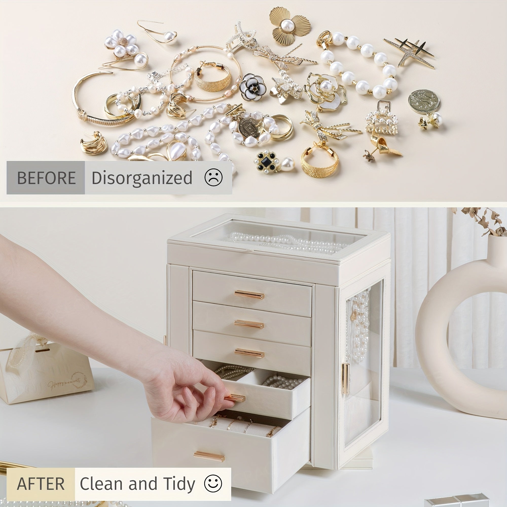 [1pc CASEGRACE Jewelry Box] CASEGRACE 1pc 360° Rotating Jewelry Organizer Box | 5-Drawer Large Capacity Faux Leather Storage with Transparent Double Doors, Modern Elegant Design for Necklaces, Rings, Earrings, Watches | Perfect Gift for Women (Valentine's
