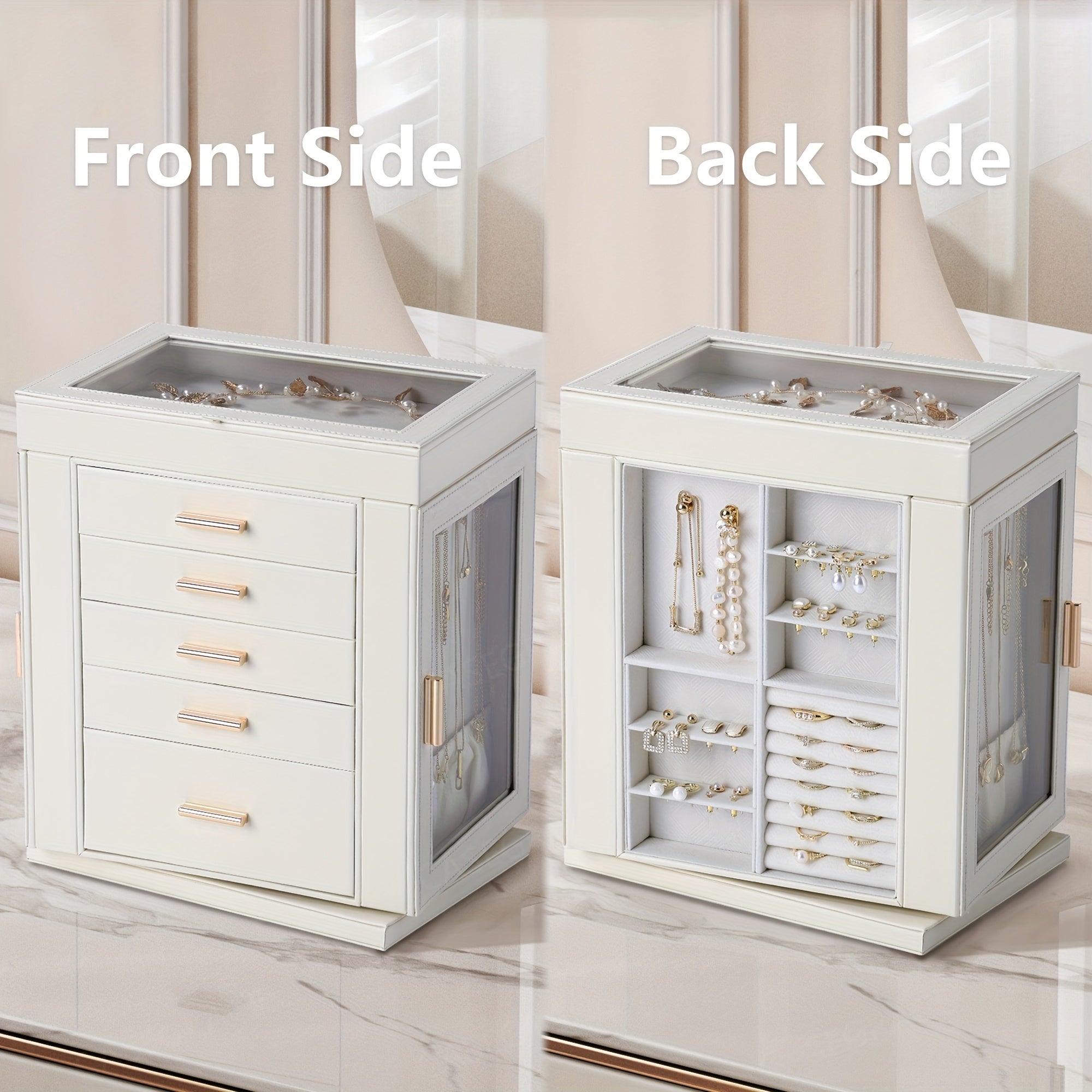 [1pc CASEGRACE Jewelry Box] CASEGRACE 1pc 360° Rotating Jewelry Organizer Box | 5-Drawer Large Capacity Faux Leather Storage with Transparent Double Doors, Modern Elegant Design for Necklaces, Rings, Earrings, Watches | Perfect Gift for Women (Valentine's