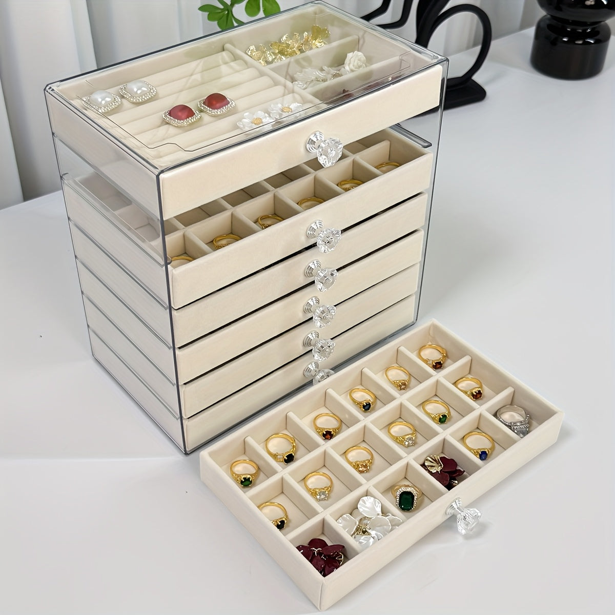 7-Layer Transparent Plastic Jewelry Organizer Box with Fabric-Lined Compartments, Secure Latch Closure & Contemporary Octagonal Design - Multi-Use Desktop Storage for Earrings, Rings, Necklaces, Jewelry Organizer Storage, Durable Polished Finish, Jewelry