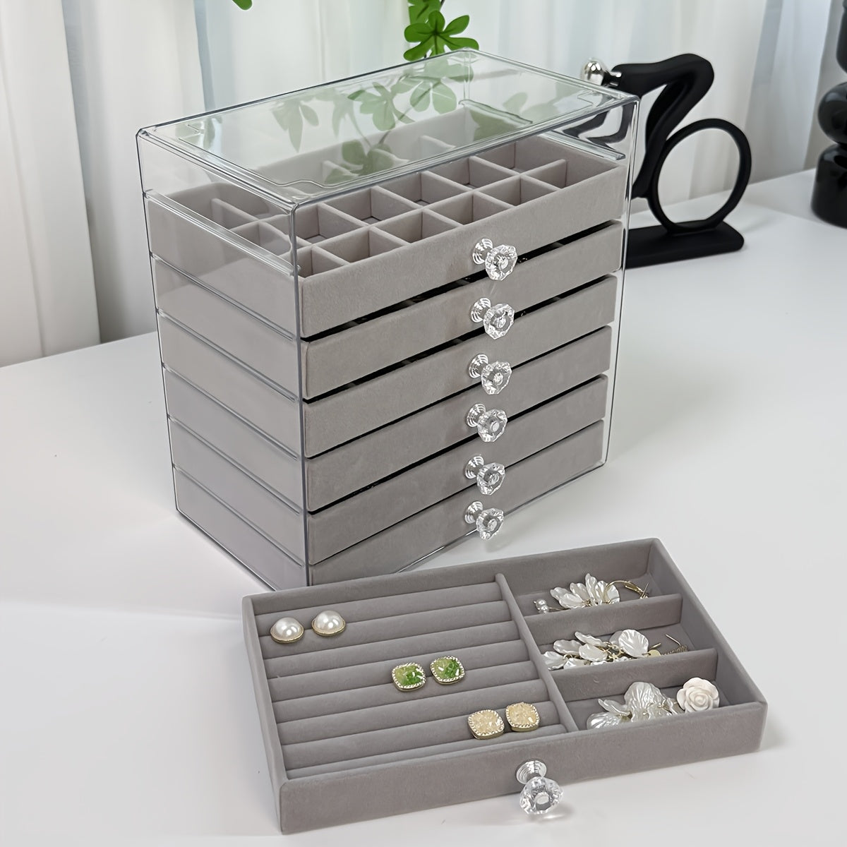 7-Layer Transparent Plastic Jewelry Organizer Box with Fabric-Lined Compartments, Secure Latch Closure & Contemporary Octagonal Design - Multi-Use Desktop Storage for Earrings, Rings, Necklaces, Jewelry Organizer Storage, Durable Polished Finish, Jewelry