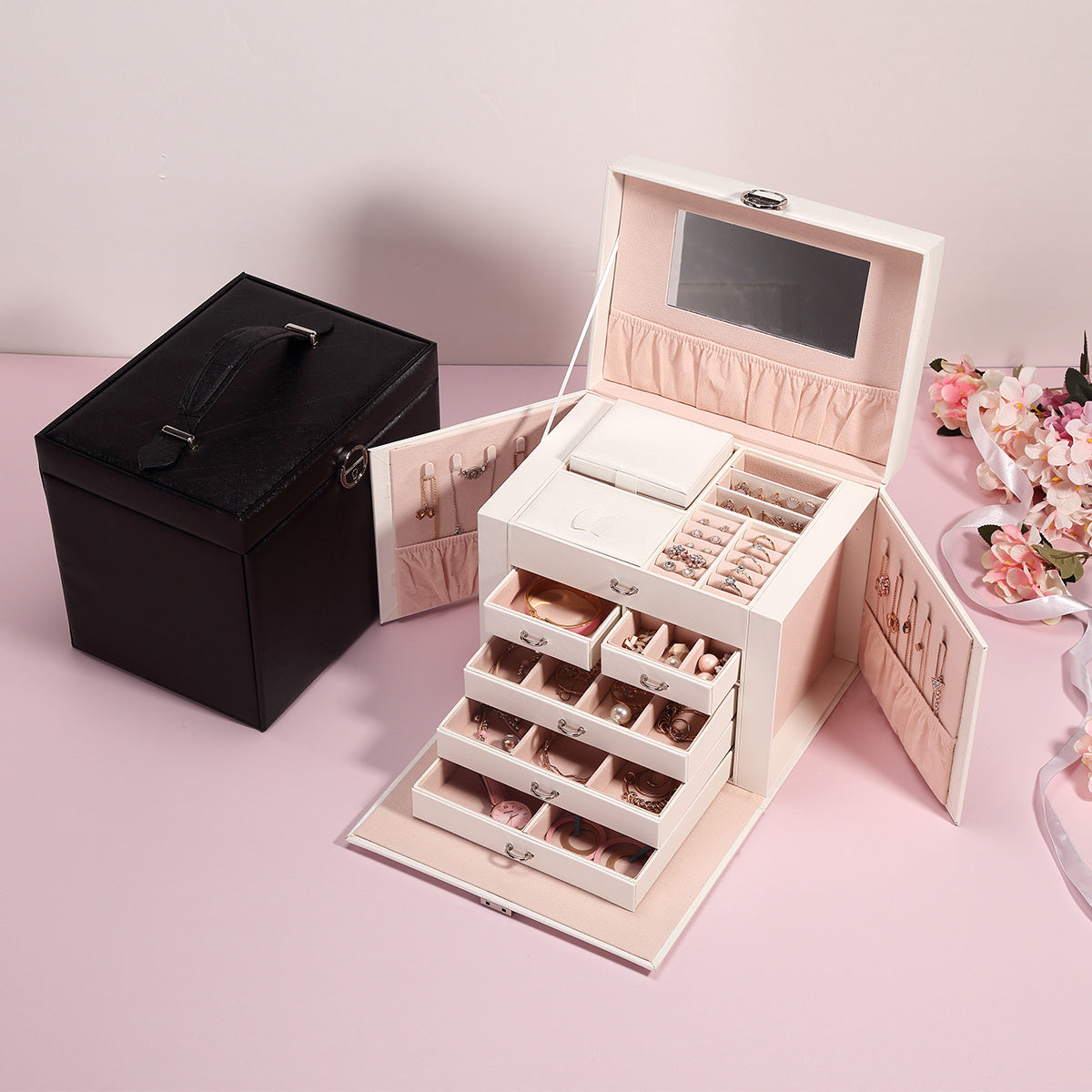 [1pc Multi-layer Jewelry] 1pc Multi-layer Jewelry Box, Jewelry Storage Box With Drawers, Jewelry Storage Holder With Mirror