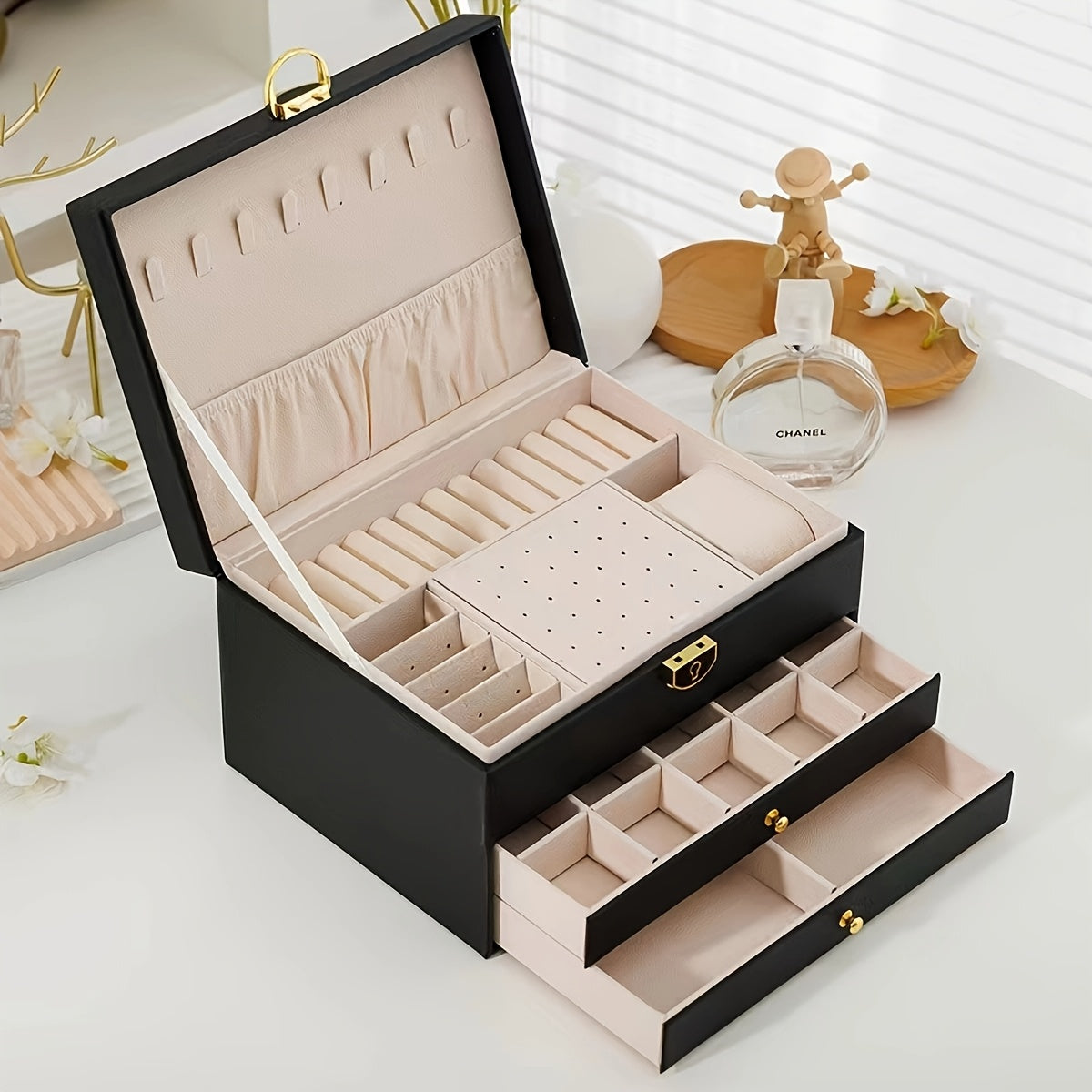 Luxurious Jewelry Organizer Box with Lock - Large Capacity Multi-Layer Display Case for Necklaces, Earrings Bracelets & Watches in Faux Leather Finish. Ideal Gift or Home/Salon Storage Solution, Jewelry Boxes