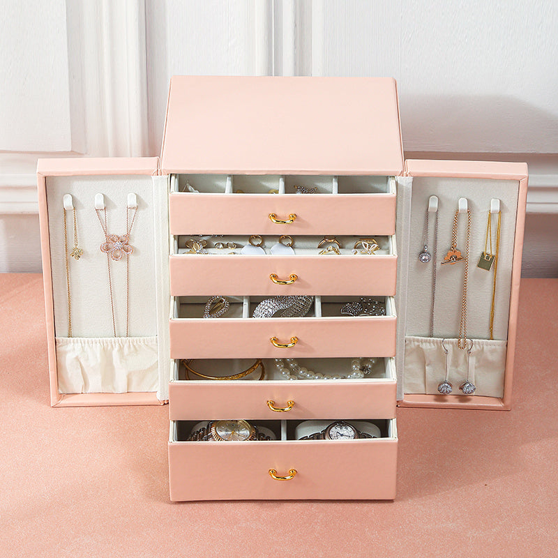 1 Large Faux Leather Jewelry Organizer Box with 5 Drawers & Golden-Tone Handles - Elegant Rectangular Storage for Rings, Necklaces, Bracelets, Earrings, Watches - Soft Fabric-Lined Interior, Side Door Access, Textured Finish - Luxury Home Décor, Watch