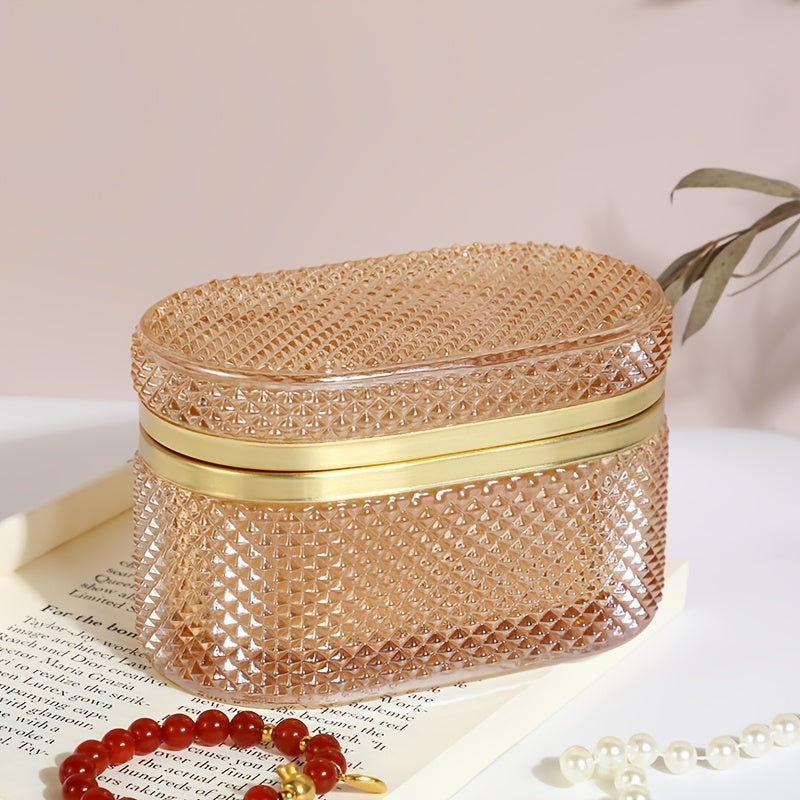 [Romantic Glass Box] Golden Accent Modern Clear Glass Storage Box | Dustproof Oval Desktop Organizer for Jewelry, Makeup Pads, and Accessories - Polished Finish, Multi-Purpose, Romantic Style, Metal Interior, No Power Needed, Makeup Storage, Contemporary