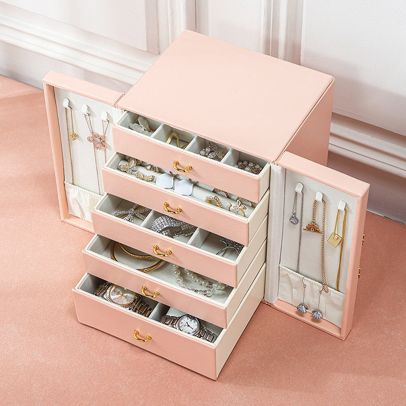 1 Large Faux Leather Jewelry Organizer Box with 5 Drawers & Golden-Tone Handles - Elegant Rectangular Storage for Rings, Necklaces, Bracelets, Earrings, Watches - Soft Fabric-Lined Interior, Side Door Access, Textured Finish - Luxury Home Décor, Watch