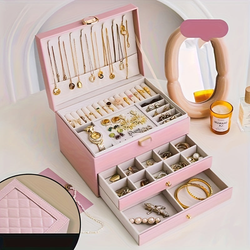 Vintage Style Multi-Layer Faux Leather Jewelry Box with Drawers, Soft Lined to Organize Necklaces, Earrings, Rings & Accessories, Large Capacity, Suitable for French-Style Bedroom and Minimalist Living Room, Desktop Storage Function, Wedding Gift Variety