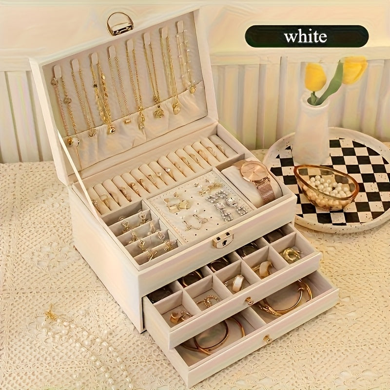Lockable Jewelry Organizer Box with Drawers - Multi-Layer Anti-Tangle Storage for Necklaces, Earrings, Bracelets | Classic Synthetic Faux Leather Design with Fabric Lining | Perfect for Home Vanity Display & Holiday Gifts (Halloween/Thanksgiving), Jewelry