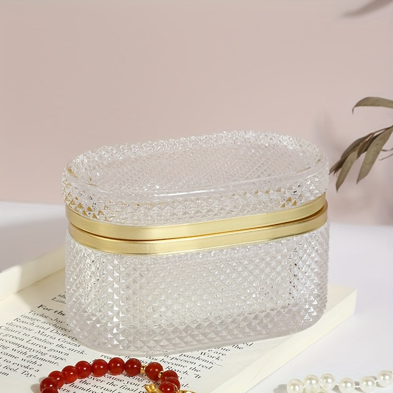 [Romantic Glass Box] Golden Accent Modern Clear Glass Storage Box | Dustproof Oval Desktop Organizer for Jewelry, Makeup Pads, and Accessories - Polished Finish, Multi-Purpose, Romantic Style, Metal Interior, No Power Needed, Makeup Storage, Contemporary