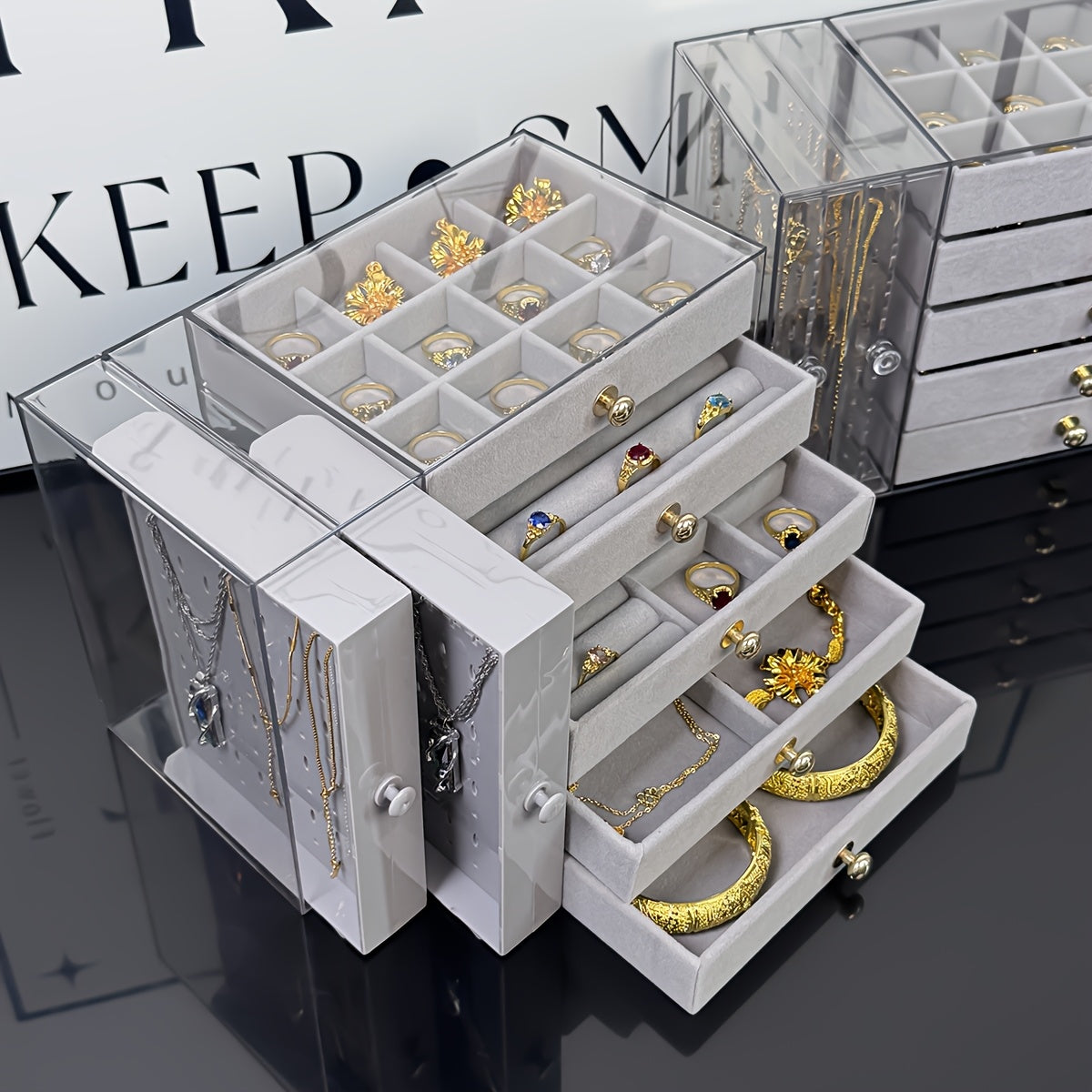 Large Jewelry Organizer Box with Clear Lid - Elegant Jewelry Storage Case, Multiple Compartments for Necklaces, Bracelets, Rings, Earrings - Birthday, Mother's Day, Valentine's Gift for Women - Desktop Organizer with Secure Closure, Jewelry Box Organizer,