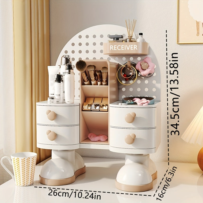 1pc Modern Jewelry & Cosmetic Organizer with Drawer - Multi-Functional Storage Box with Open Shelves, Makeup Vanity Organizer, Desk Organizer for Home, Office, Salon - Light Beige Beauty Station Decoration, Contemporary Design, Sturdy Construction, Home