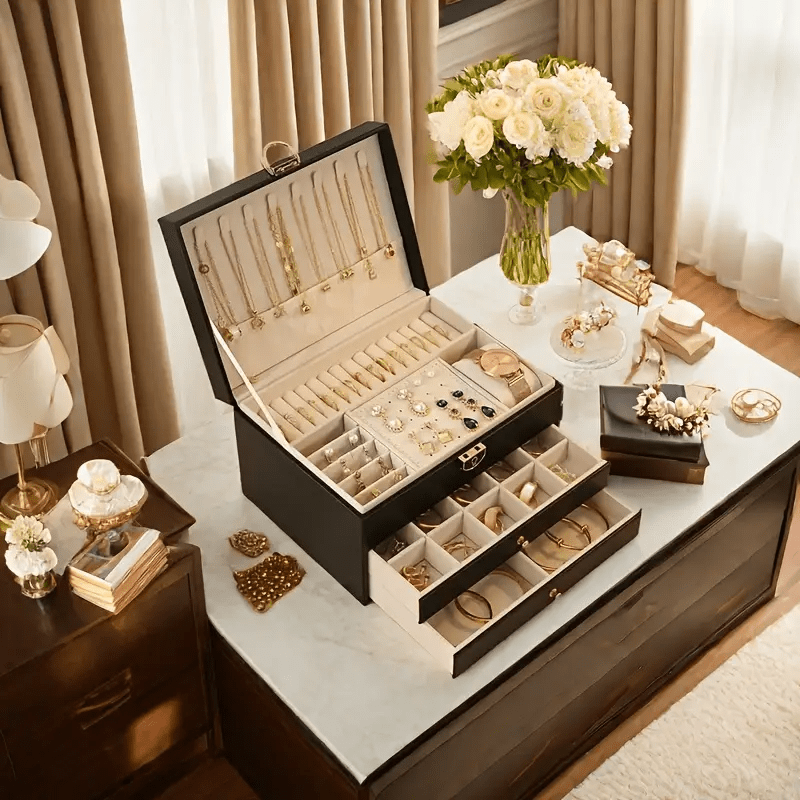Vintage Style Multi-Layer Faux Leather Jewelry Box with Drawers, Soft Lined to Organize Necklaces, Earrings, Rings & Accessories, Large Capacity, Suitable for French-Style Bedroom and Minimalist Living Room, Desktop Storage Function, Wedding Gift Variety