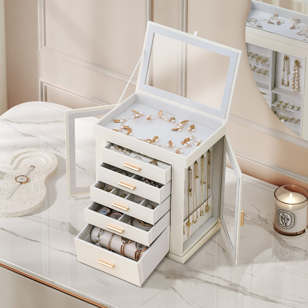 [1pc CASEGRACE Jewelry Box] CASEGRACE 1pc 360° Rotating Jewelry Organizer Box | 5-Drawer Large Capacity Faux Leather Storage with Transparent Double Doors, Modern Elegant Design for Necklaces, Rings, Earrings, Watches | Perfect Gift for Women (Valentine's