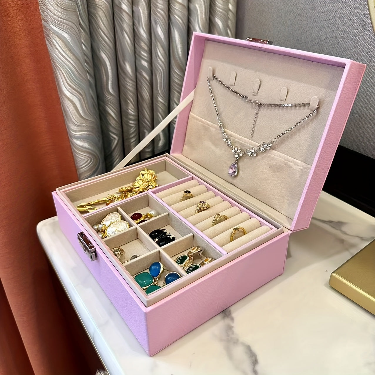 Lockable Jewelry Organizer Box with Drawers - Multi-Layer Anti-Tangle Storage for Necklaces, Earrings, Bracelets | Classic Synthetic Faux Leather Design with Fabric Lining | Perfect for Home Vanity Display & Holiday Gifts (Halloween/Thanksgiving), Jewelry