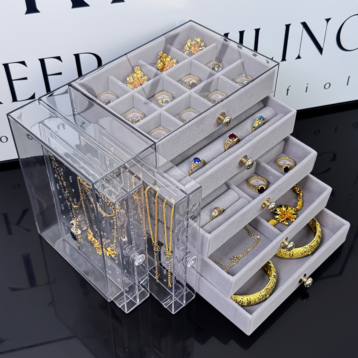Large Jewelry Organizer Box with Clear Lid - Elegant Jewelry Storage Case, Multiple Compartments for Necklaces, Bracelets, Rings, Earrings - Birthday, Mother's Day, Valentine's Gift for Women - Desktop Organizer with Secure Closure, Jewelry Box Organizer,