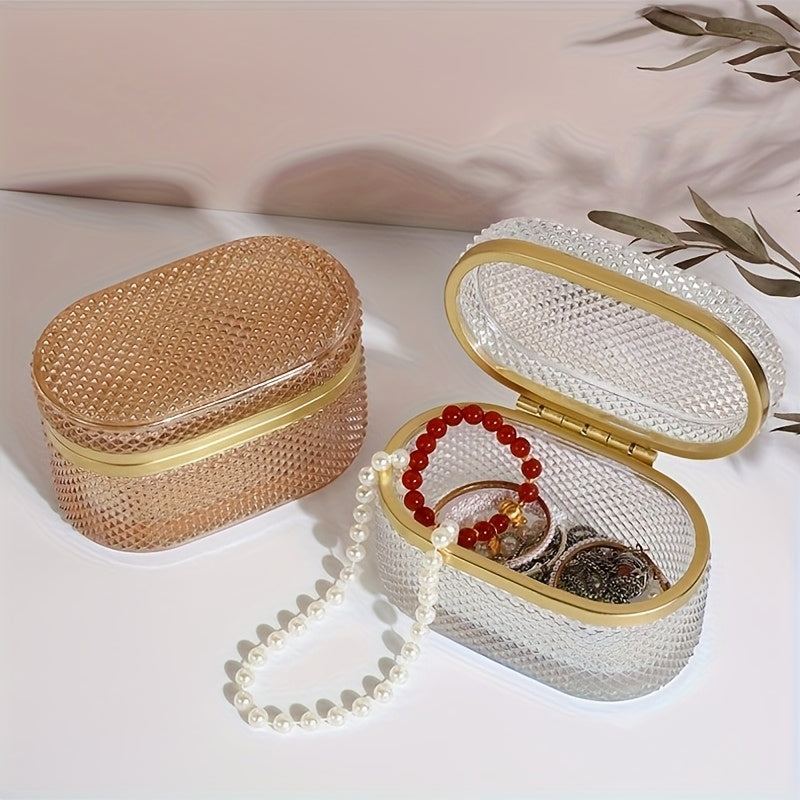 [Romantic Glass Box] Golden Accent Modern Clear Glass Storage Box | Dustproof Oval Desktop Organizer for Jewelry, Makeup Pads, and Accessories - Polished Finish, Multi-Purpose, Romantic Style, Metal Interior, No Power Needed, Makeup Storage, Contemporary