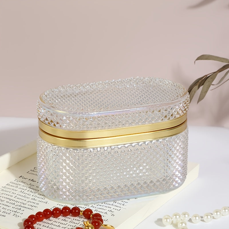 [Romantic Glass Box] Golden Accent Modern Clear Glass Storage Box | Dustproof Oval Desktop Organizer for Jewelry, Makeup Pads, and Accessories - Polished Finish, Multi-Purpose, Romantic Style, Metal Interior, No Power Needed, Makeup Storage, Contemporary