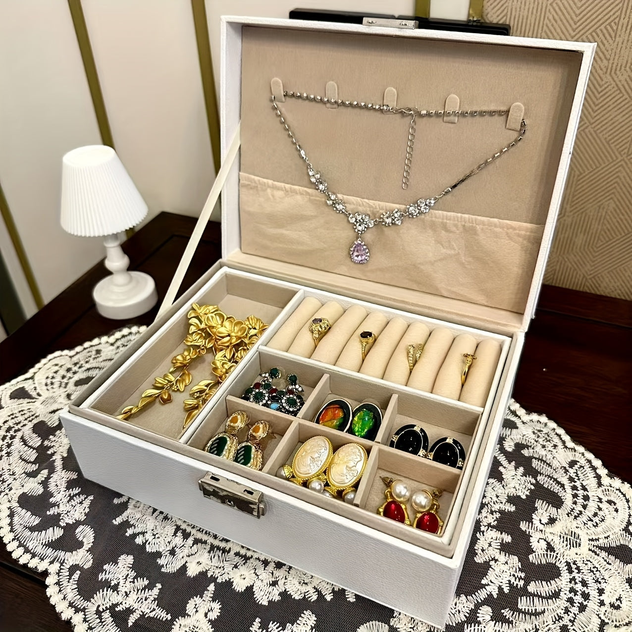 Lockable Jewelry Organizer Box with Drawers - Multi-Layer Anti-Tangle Storage for Necklaces, Earrings, Bracelets | Classic Synthetic Faux Leather Design with Fabric Lining | Perfect for Home Vanity Display & Holiday Gifts (Halloween/Thanksgiving), Jewelry